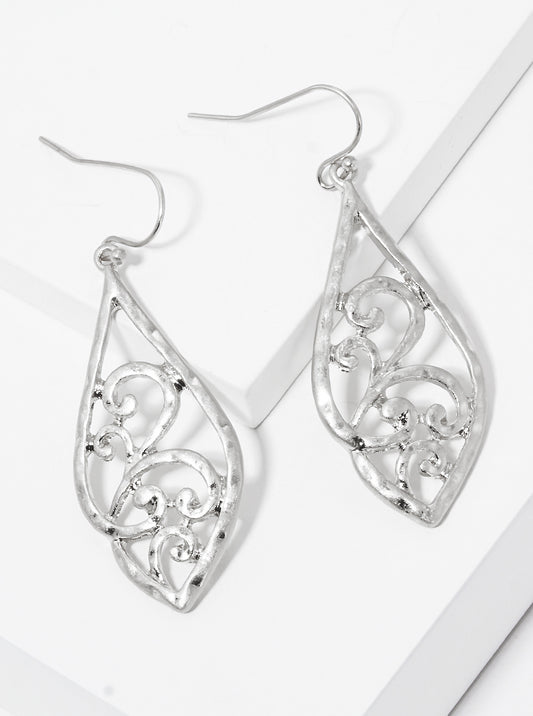 Hammered Metal Chunky Filigree Fish Hook Dangle Drop Earrings