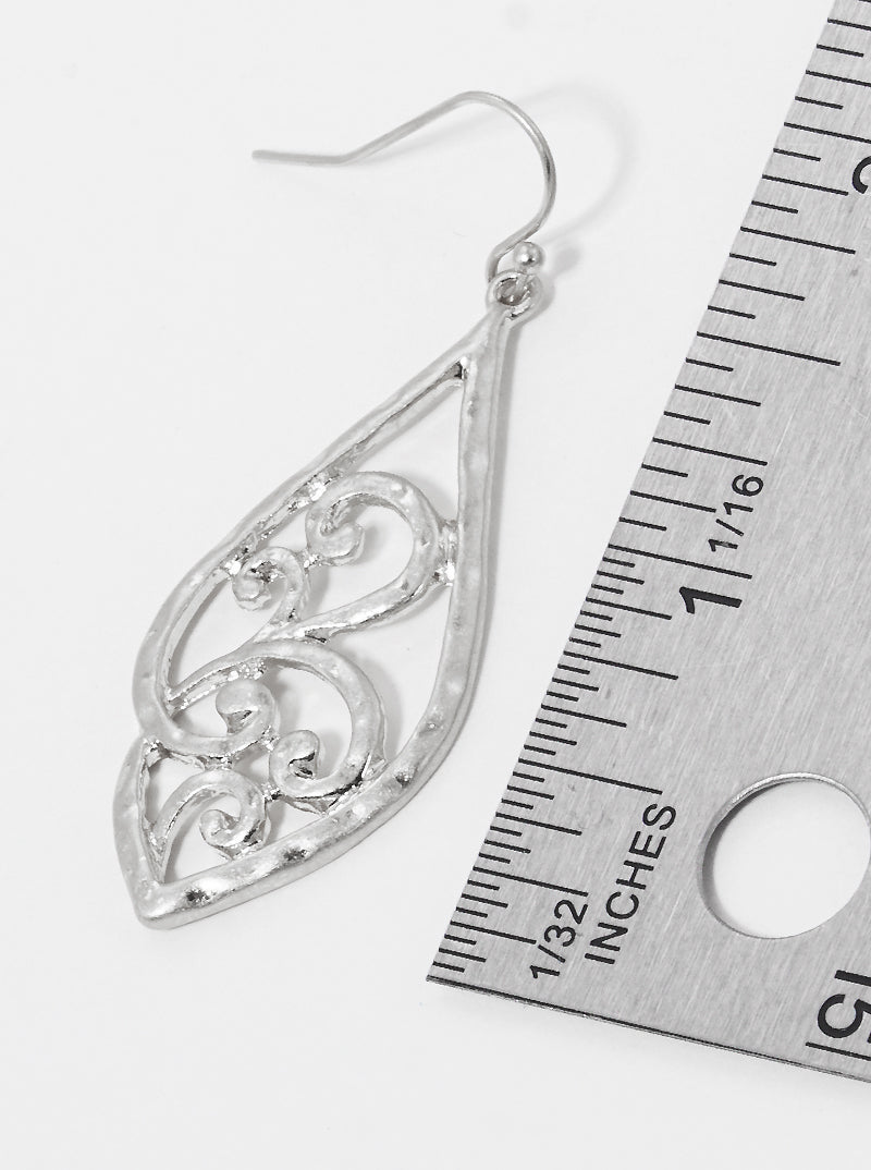 Hammered Metal Chunky Filigree Fish Hook Dangle Drop Earrings