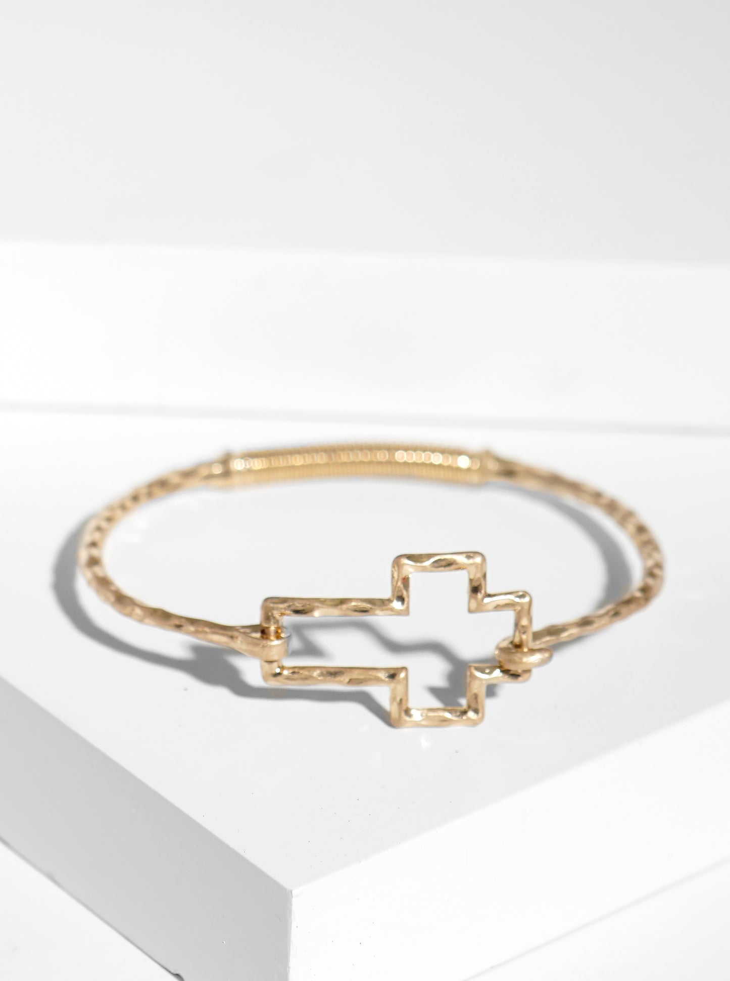 Hammered Metal Cross Accent Fine Spring Hook Closure Bangle Bracelet