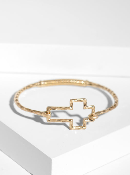 Hammered Metal Cross Accent Fine Spring Hook Closure Bangle Bracelet