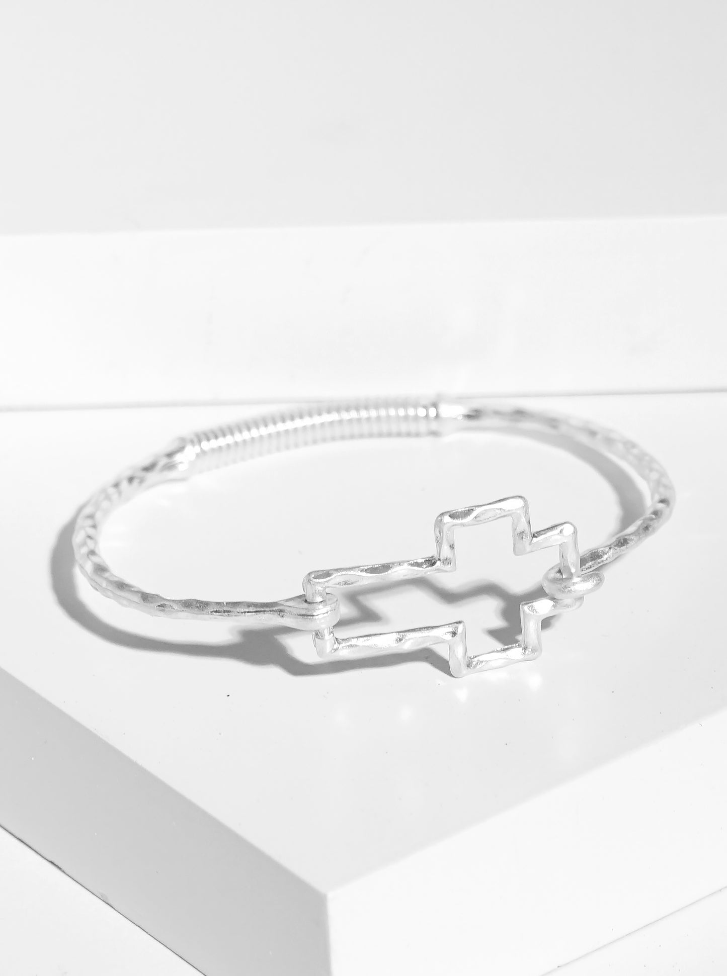 Hammered Metal Cross Accent Fine Spring Hook Closure Bangle Bracelet