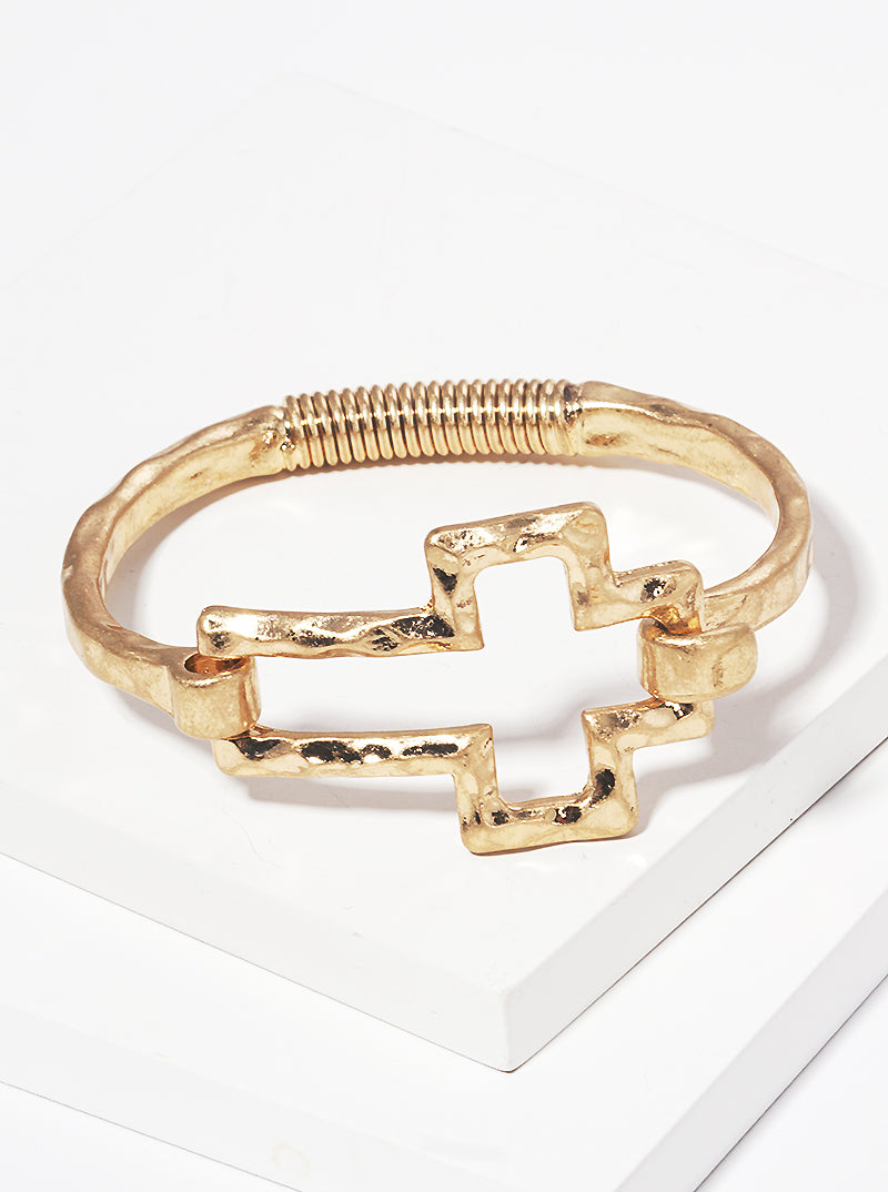 Hammered Metal Cross Accent Spring Hook Closure Bangle Bracelet