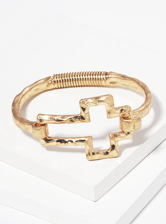 Hammered Metal Cross Accent Spring Hook Closure Bangle Bracelet