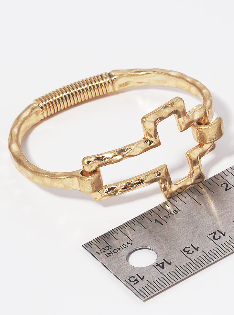Hammered Metal Cross Accent Spring Hook Closure Bangle Bracelet