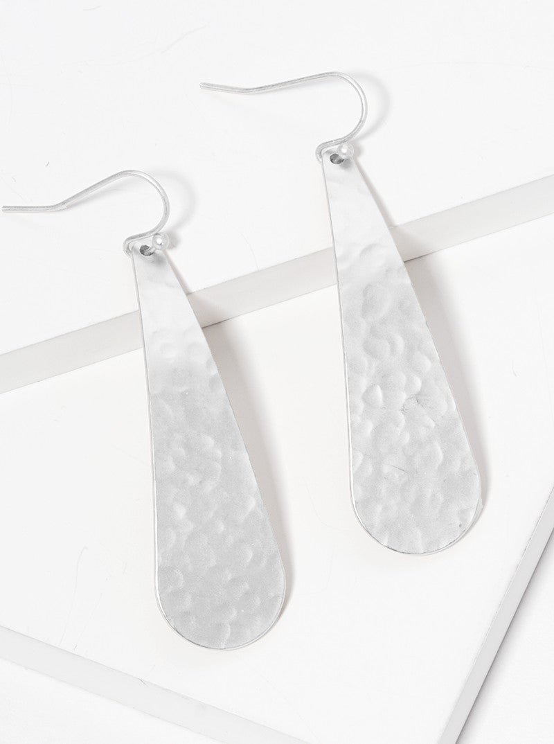 Hammered Metal Curved Teardrop Fish Hook Dangle Drop Earrings