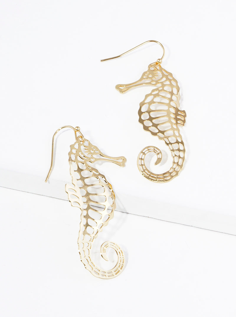 Hammered Metal Delicate Filigree Seahorse Dangle Drop Earrings