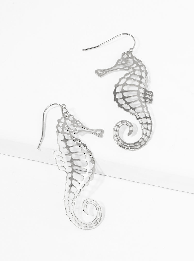 Hammered Metal Delicate Filigree Seahorse Dangle Drop Earrings