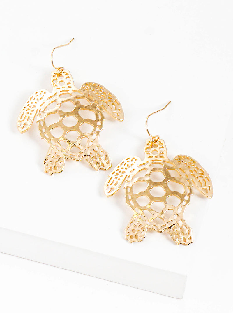 Hammered Metal Delicate Filigree Turtle Dangle Drop Earrings