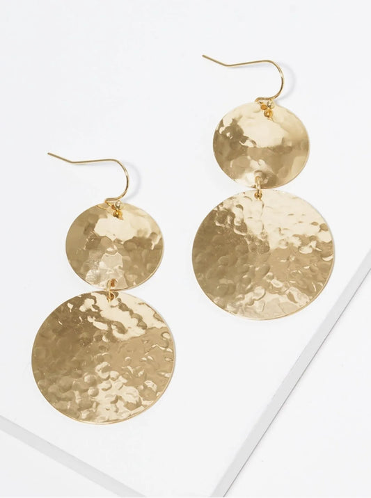 Hammered Metal Double Round Fish Hook Dangle Drop Earrings