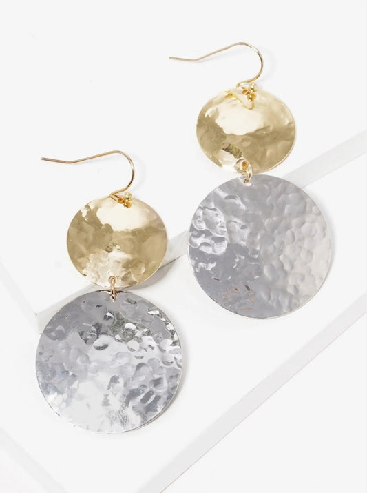 Hammered Metal Double Round Fish Hook Dangle Drop Earrings