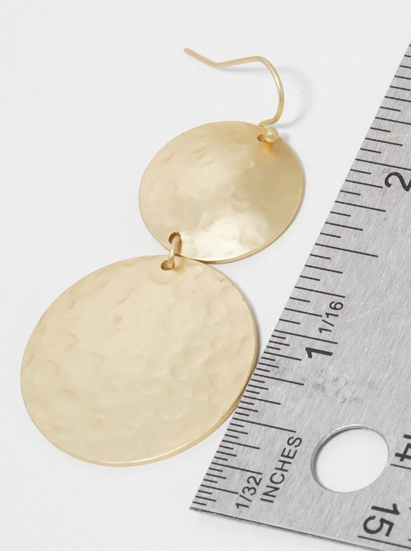 Hammered Metal Double Round Fish Hook Dangle Drop Earrings