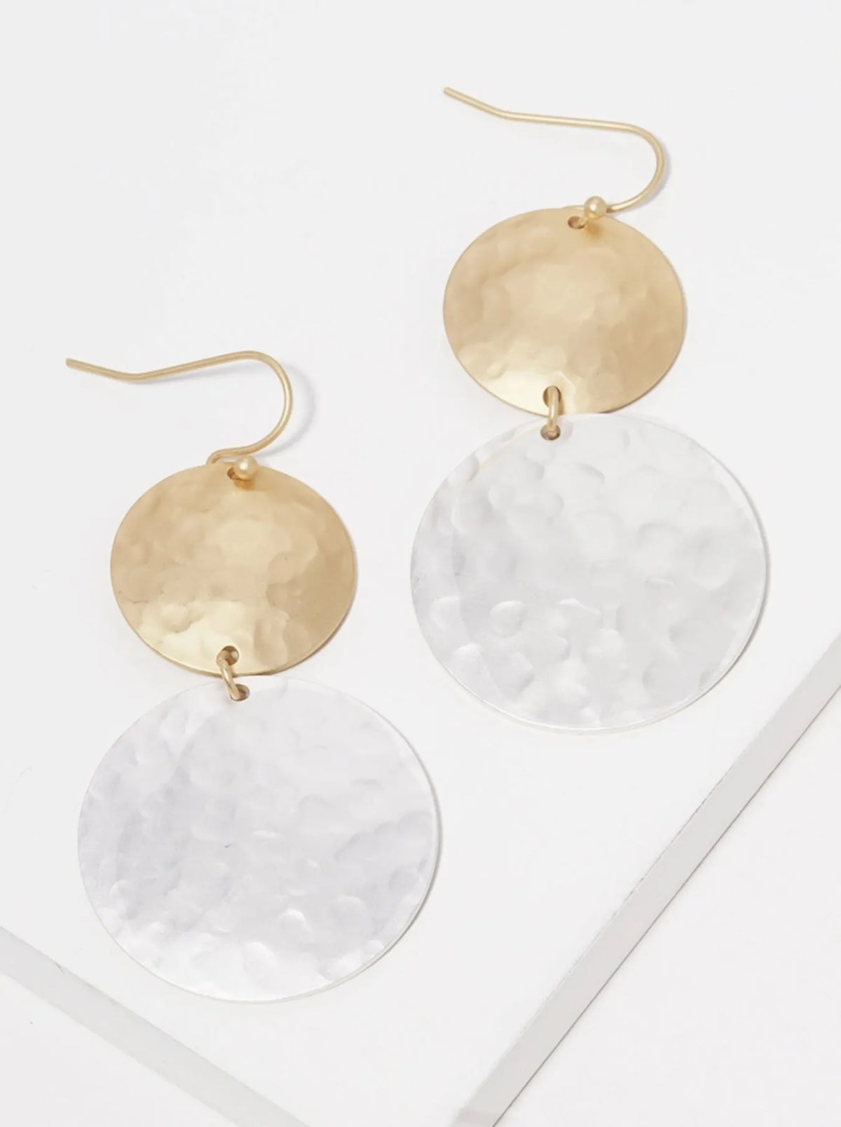 Hammered Metal Double Round Fish Hook Dangle Drop Earrings