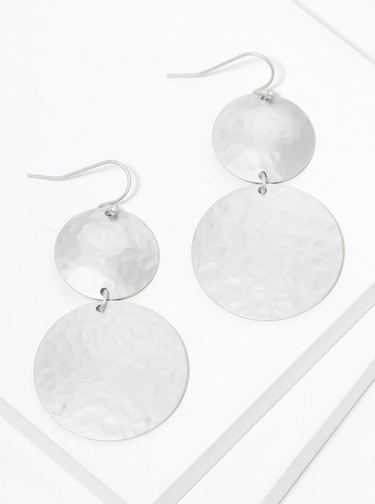 Hammered Metal Double Round Fish Hook Dangle Drop Earrings
