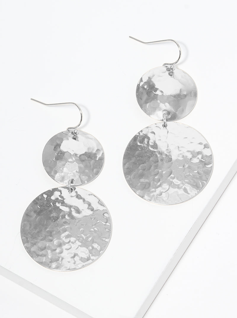 Hammered Metal Double Round Fish Hook Dangle Drop Earrings