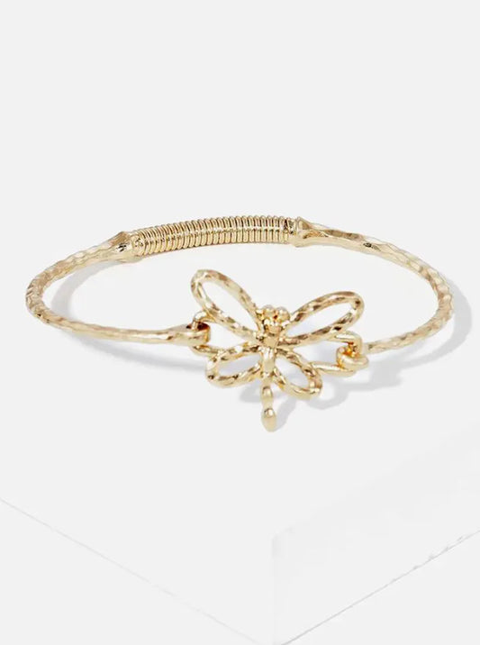 Hammered Metal Dragonfly Accent Fine Spring Hook Closure Bangle Bracelet