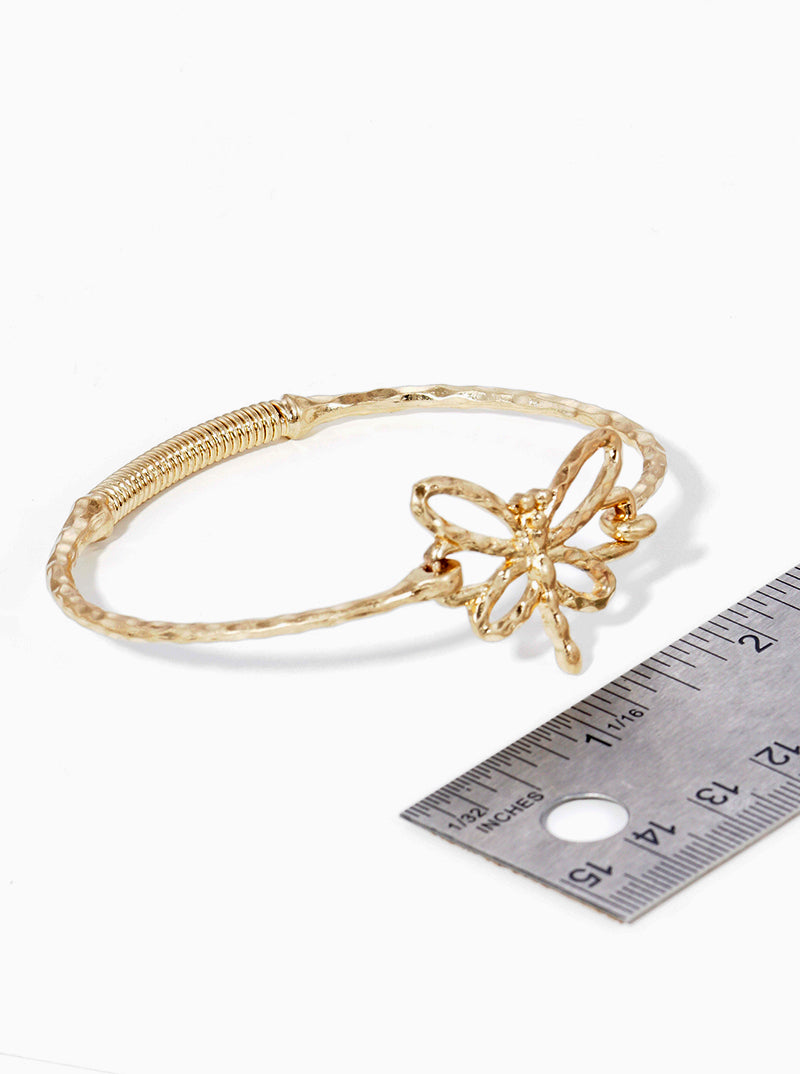 Hammered Metal Dragonfly Accent Fine Spring Hook Closure Bangle Bracelet
