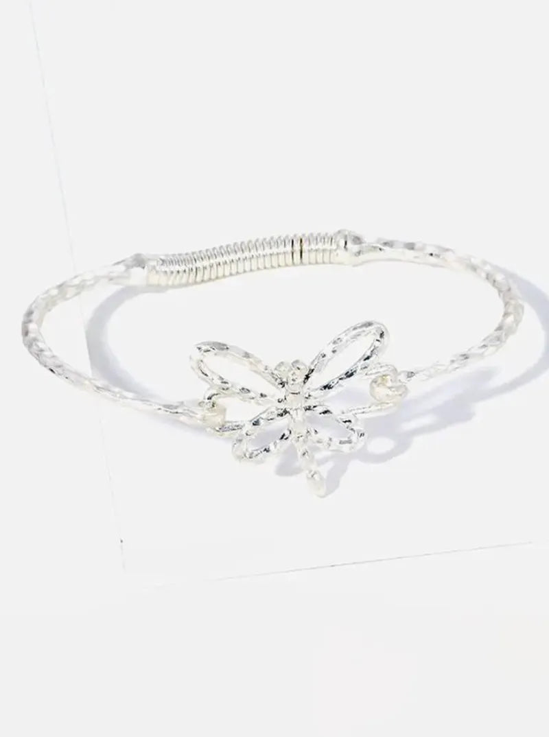 Hammered Metal Dragonfly Accent Fine Spring Hook Closure Bangle Bracelet