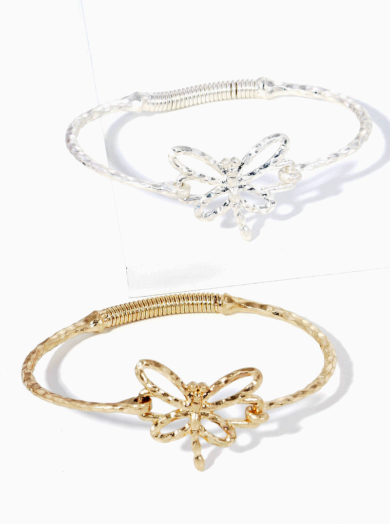 Hammered Metal Dragonfly Accent Fine Spring Hook Closure Bangle Bracelet
