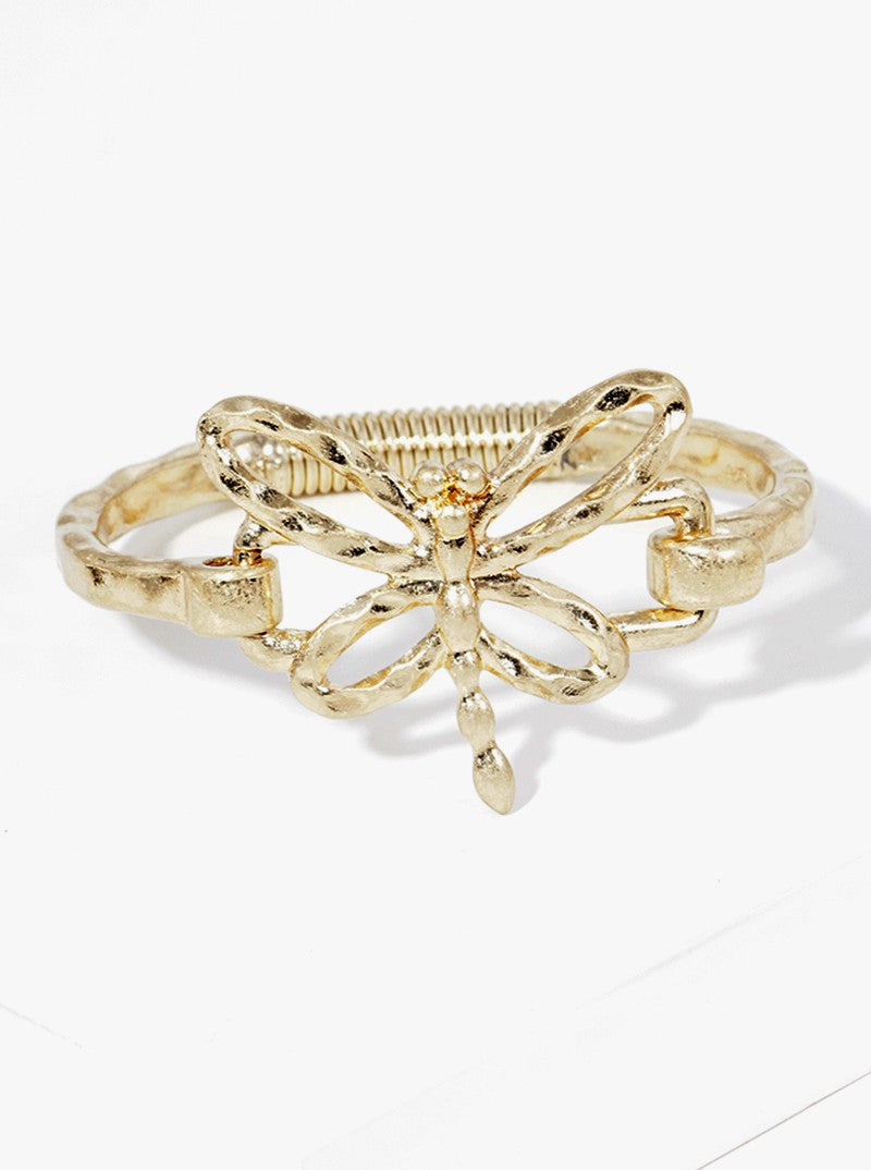 Hammered Metal Dragonfly Accent Spring Hook Closure Bangle Bracelet