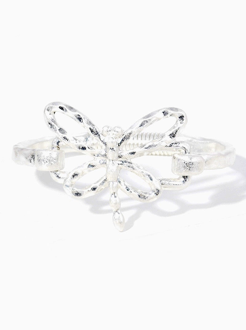 Hammered Metal Dragonfly Accent Spring Hook Closure Bangle Bracelet