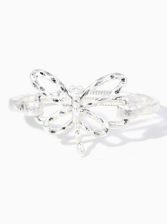 Hammered Metal Dragonfly Accent Spring Hook Closure Bangle Bracelet