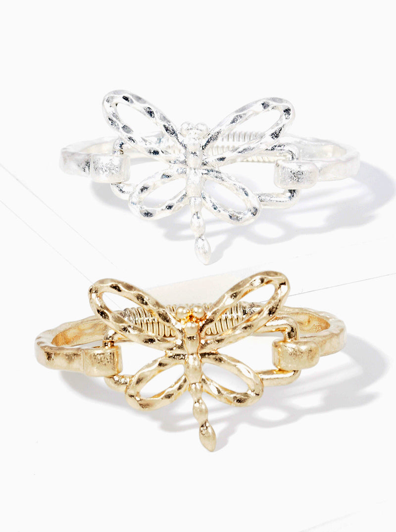 Hammered Metal Dragonfly Accent Spring Hook Closure Bangle Bracelet