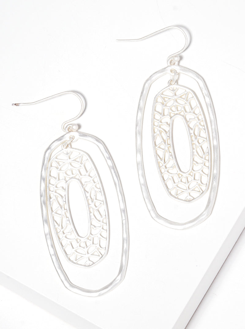 Hammered Metal Filigree Moroccan Shape Fishhook Dangle Drop Earrings