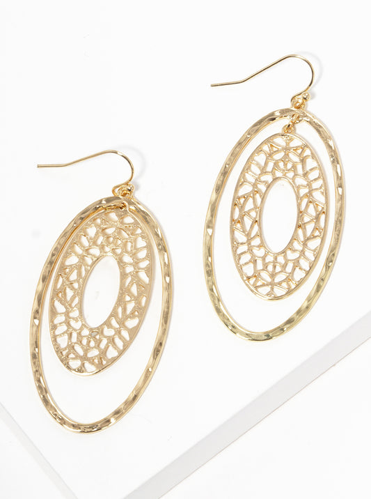 Hammered Metal Filigree Oval Dangle Drop Earrings