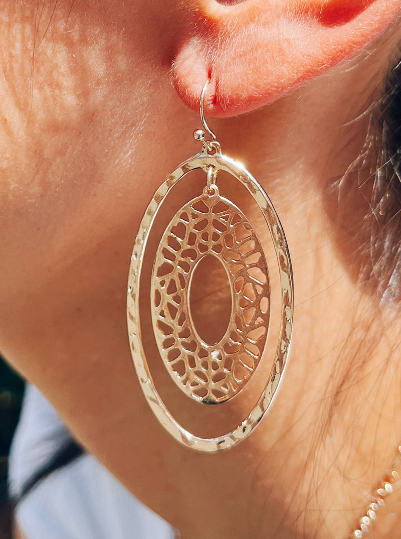 Hammered Metal Filigree Oval Dangle Drop Earrings