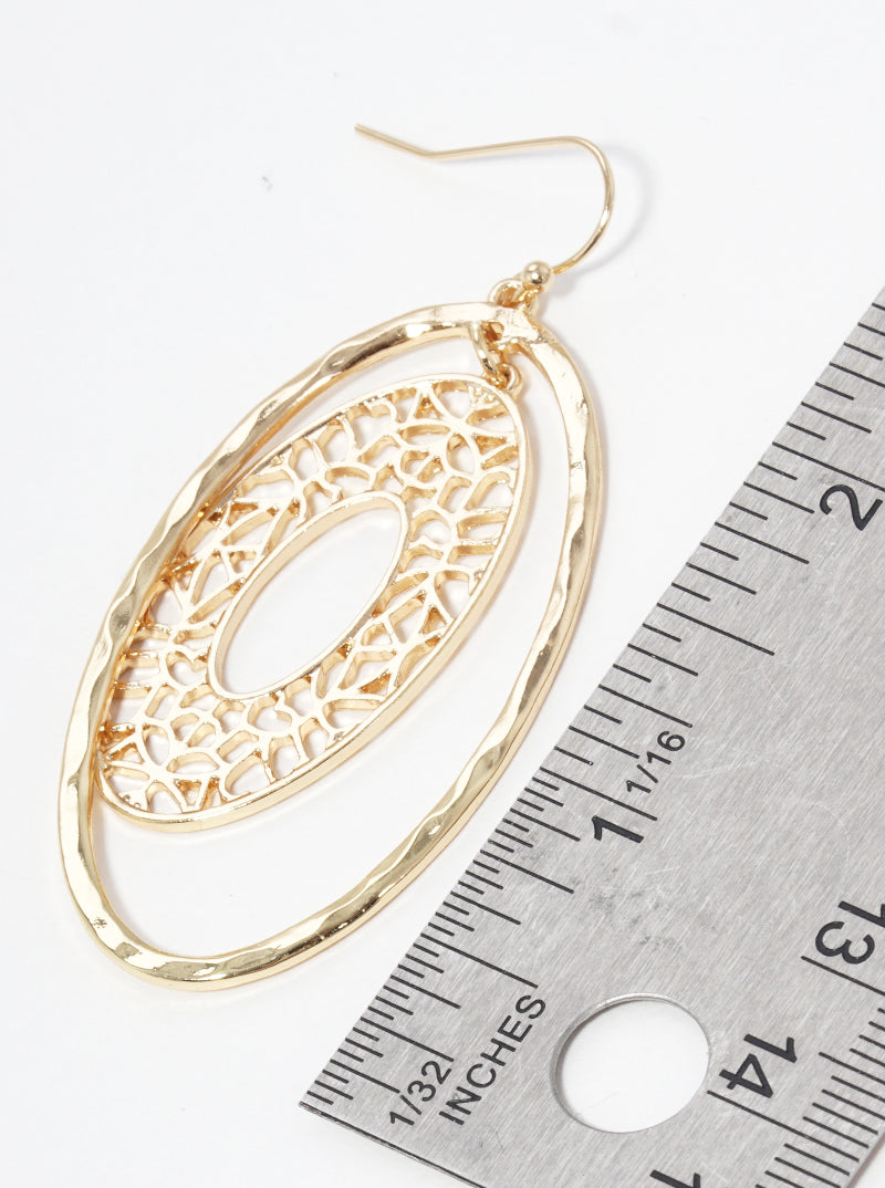 Hammered Metal Filigree Oval Dangle Drop Earrings