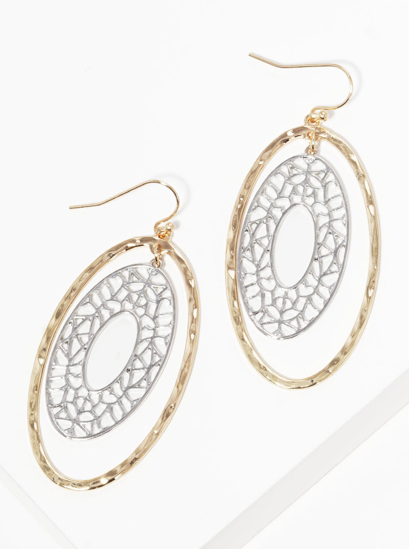 Hammered Metal Filigree Oval Dangle Drop Earrings