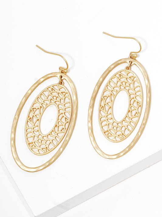 Hammered Metal Filigree Oval Dangle Drop Earrings