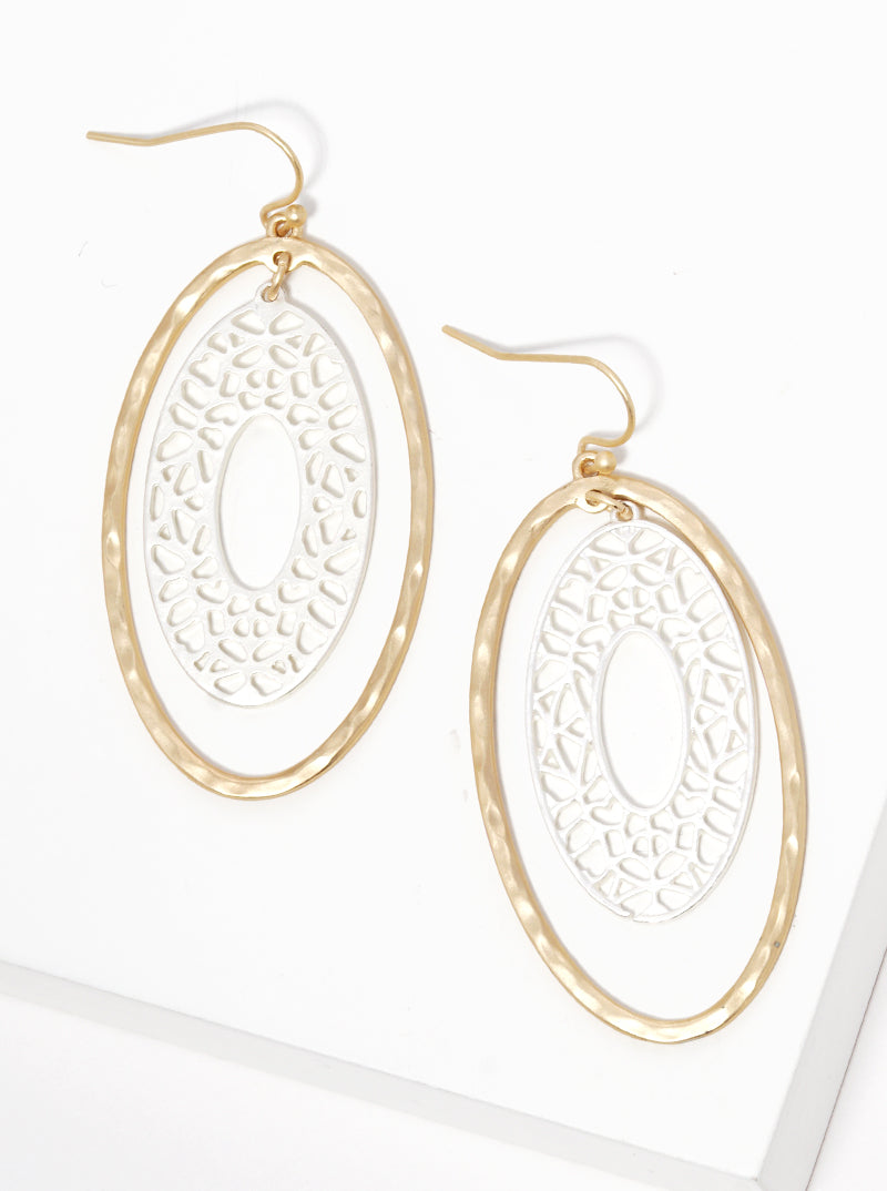 Hammered Metal Filigree Oval Dangle Drop Earrings