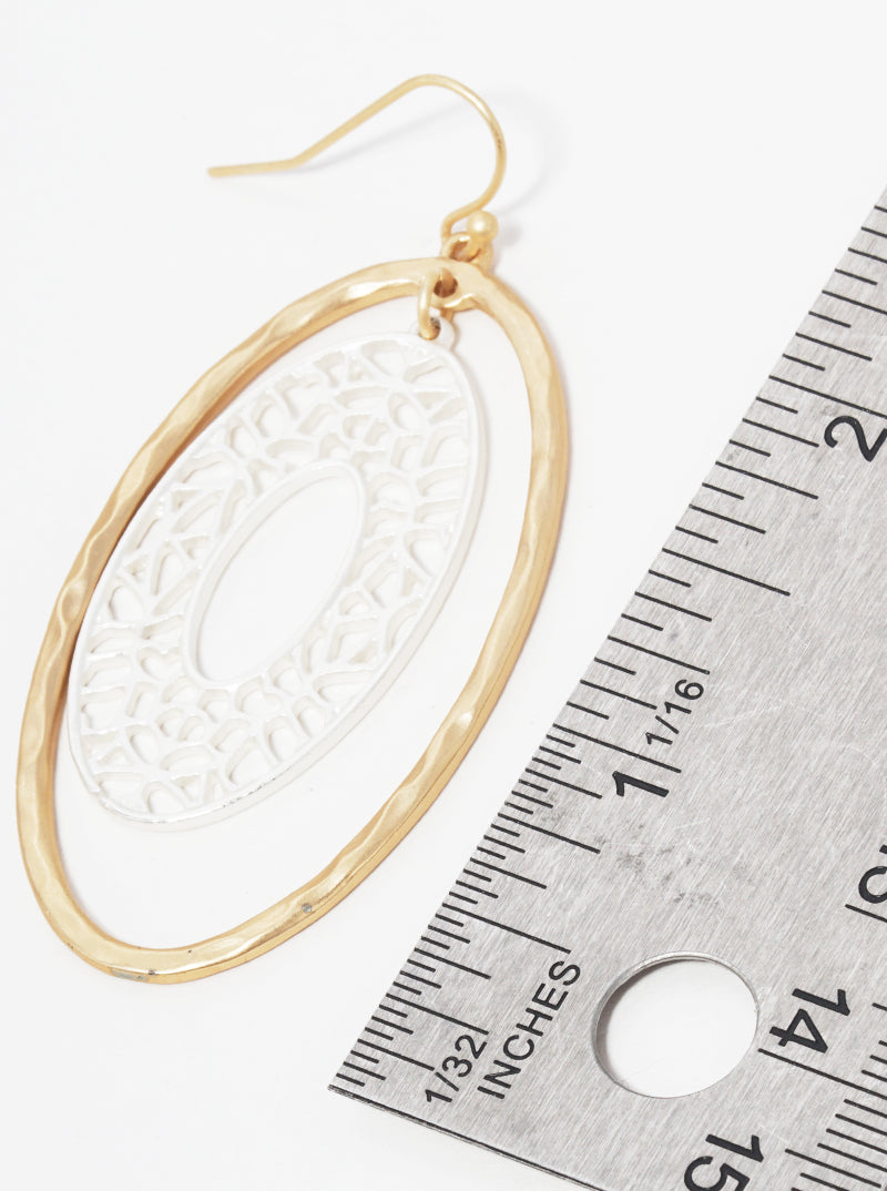 Hammered Metal Filigree Oval Dangle Drop Earrings