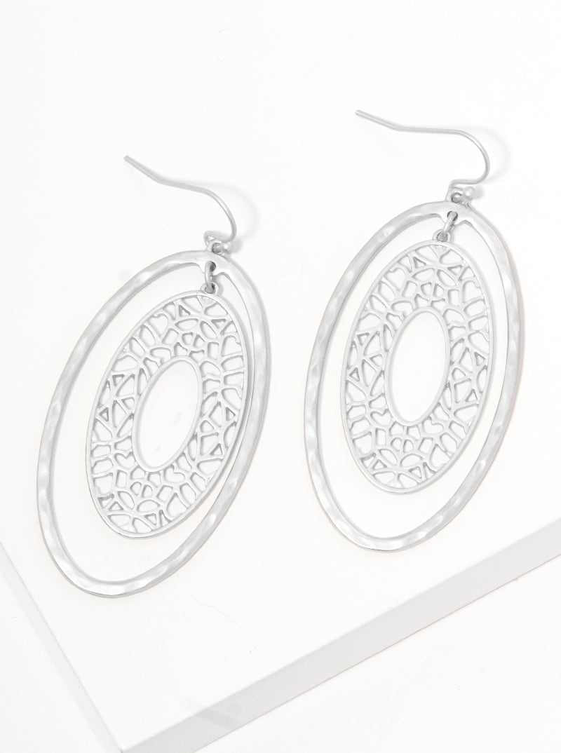 Hammered Metal Filigree Oval Dangle Drop Earrings