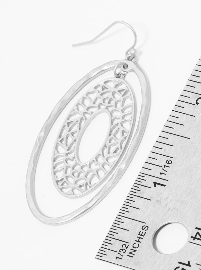 Hammered Metal Filigree Oval Dangle Drop Earrings