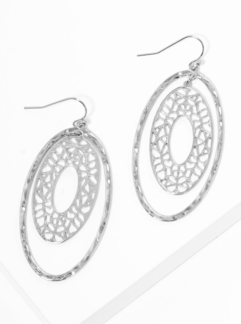 Hammered Metal Filigree Oval Dangle Drop Earrings