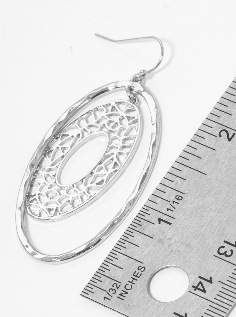 Hammered Metal Filigree Oval Dangle Drop Earrings