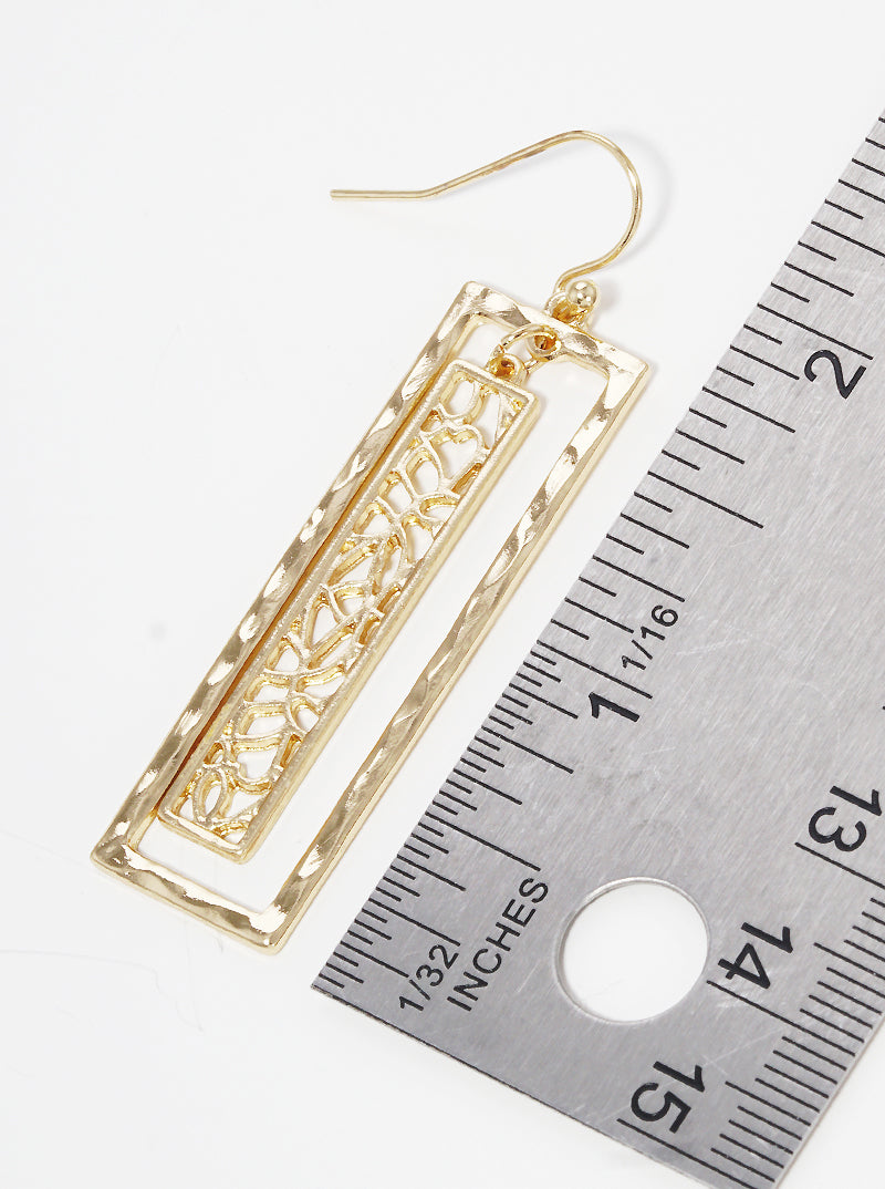 Hammered Metal Filigree Rectangle Fishhook Dangle Drop Earrings