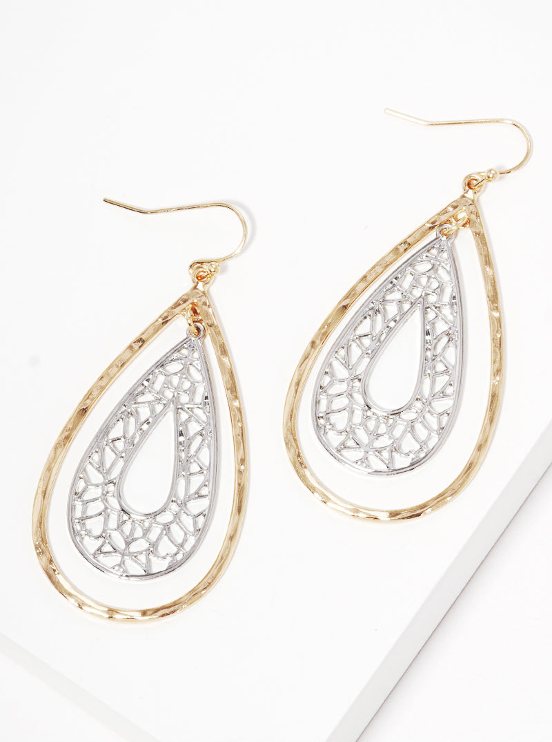 Hammered Metal Filigree Teardrop Fishhook Dangle Drop Earrings