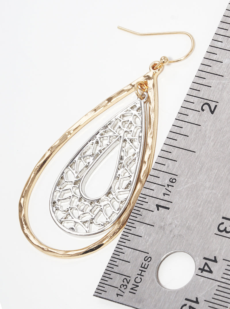 Hammered Metal Filigree Teardrop Fishhook Dangle Drop Earrings