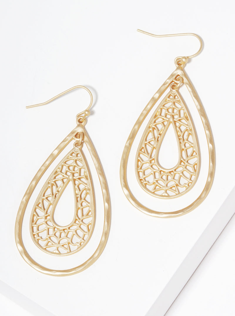 Hammered Metal Filigree Teardrop Fishhook Dangle Drop Earrings