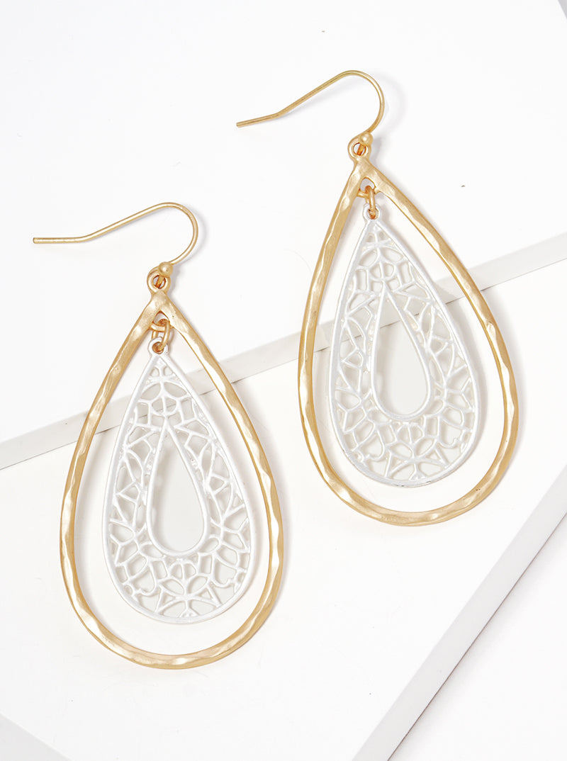 Hammered Metal Filigree Teardrop Fishhook Dangle Drop Earrings