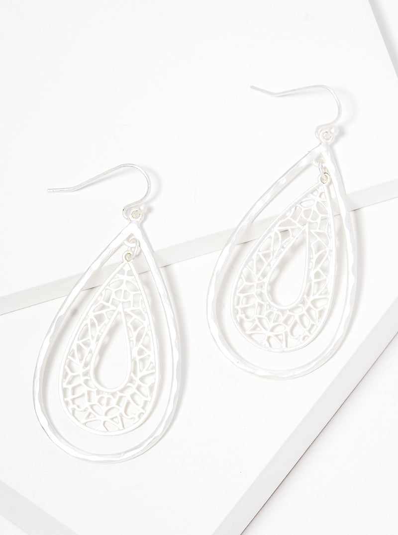 Hammered Metal Filigree Teardrop Fishhook Dangle Drop Earrings