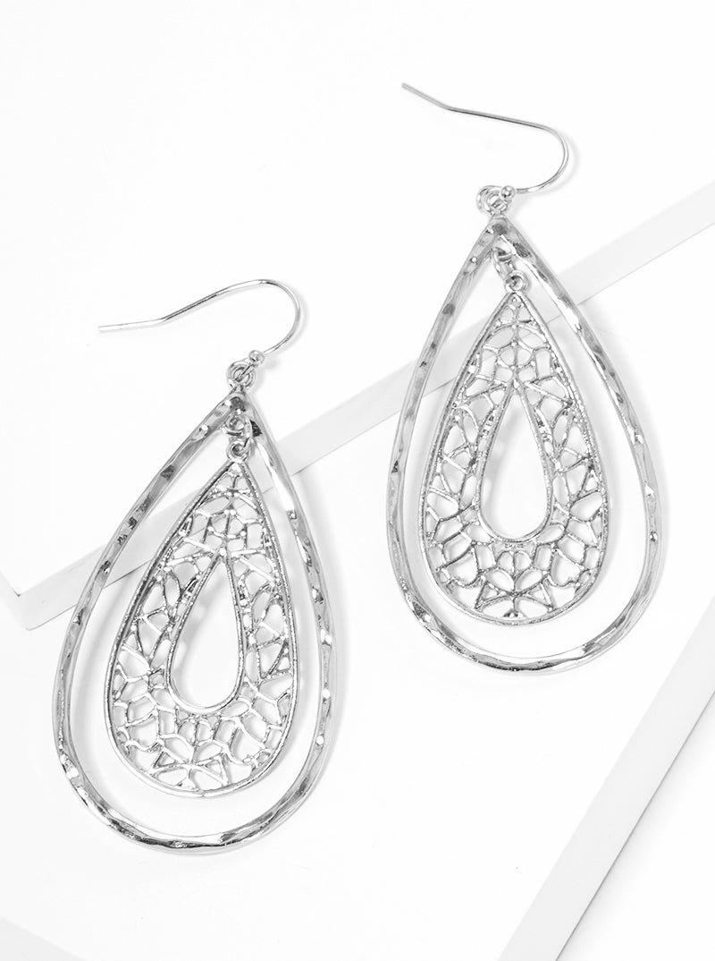Hammered Metal Filigree Teardrop Fishhook Dangle Drop Earrings