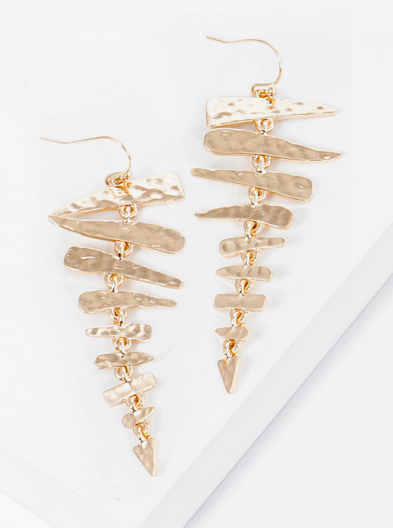 Hammered Metal Fishbone Dangle Drop Earrings