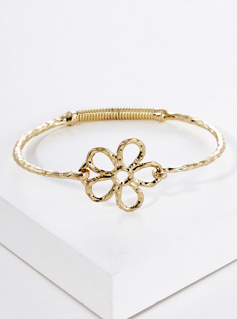 Hammered Metal Flower Accent Fine Spring Hook Closure Bangle Bracelet