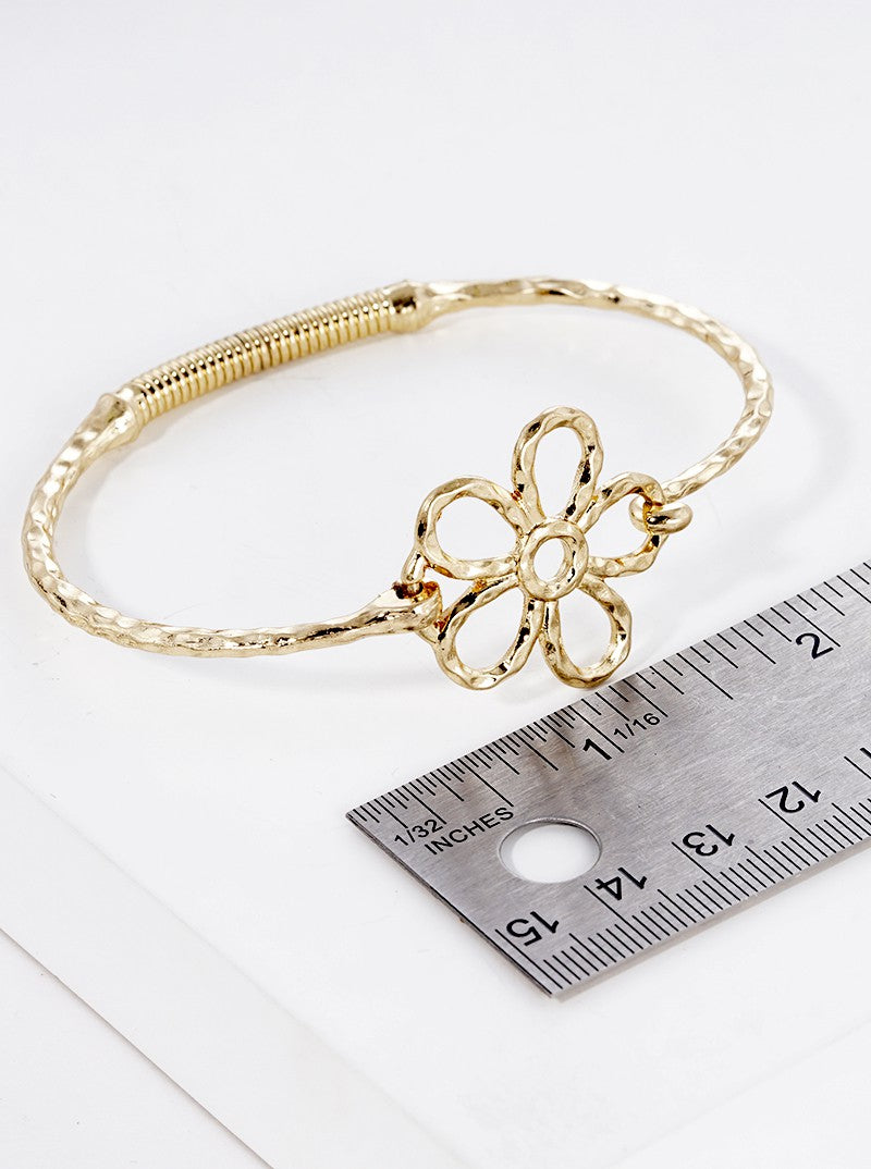 Hammered Metal Flower Accent Fine Spring Hook Closure Bangle Bracelet