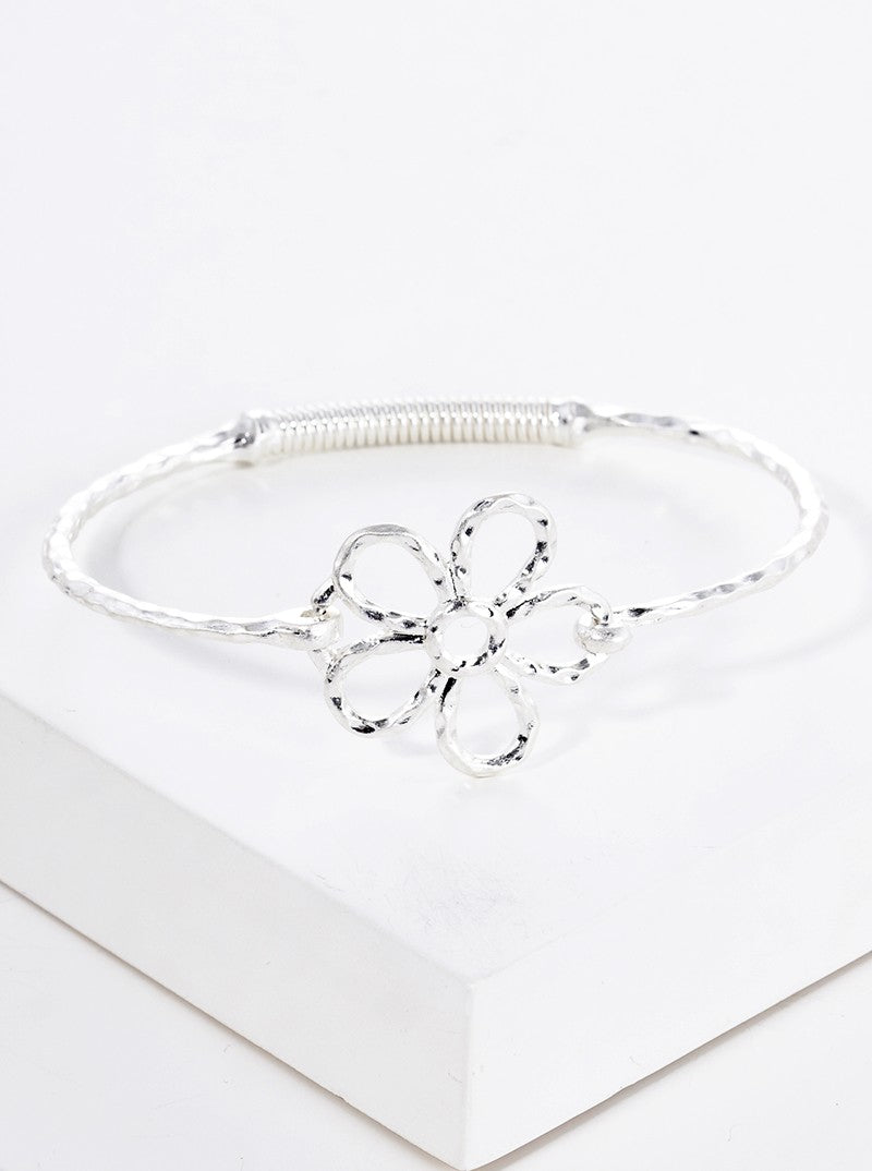 Hammered Metal Flower Accent Fine Spring Hook Closure Bangle Bracelet