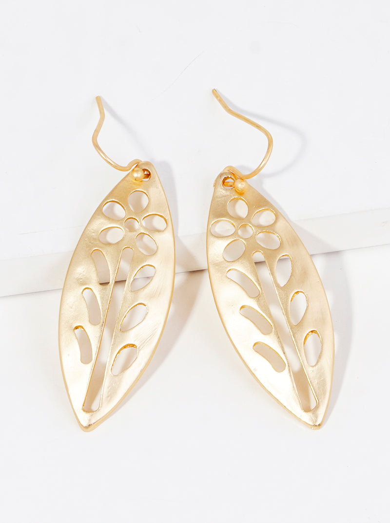 Hammered Metal Flower Cutout Marquise Shaped Dangle Drop Earrings